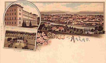 Aarau, Gruss aus Aarau, Lithokarte, Kaserne, Alpenzeiger