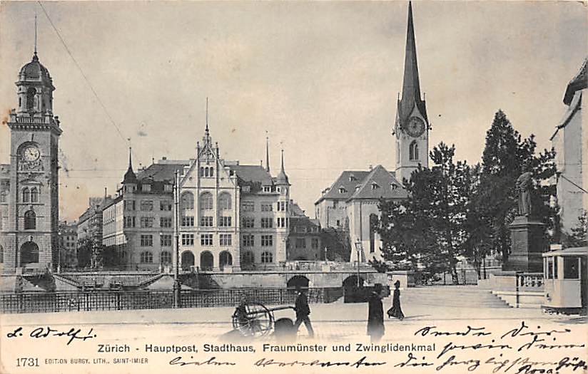 Zürich, Hauptpost, Stadthaus, Zwinglidenkmal