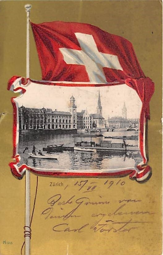 Zürich, Rahmenkarte mit Schweizer Flagge