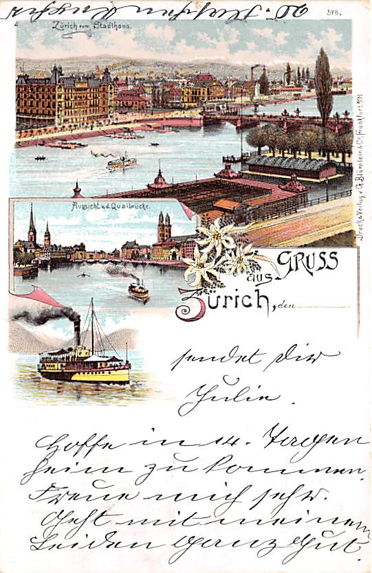 Zürich, vom Stadthaus, Quaibrücke, Lithokarte