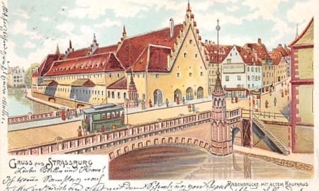 Strassburg, Rabenbrücke mit Tram, Kaufhaus, Litho
