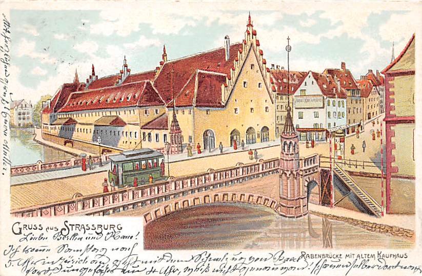 Strassburg, Rabenbrücke mit Tram, Kaufhaus, Litho
