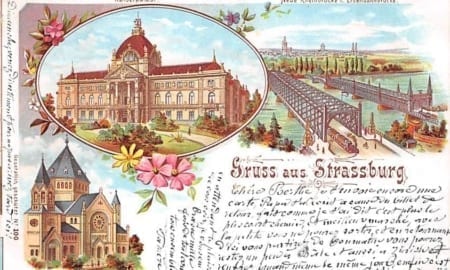 Strassburg, Synagoge, Rheinbrücke, Litho