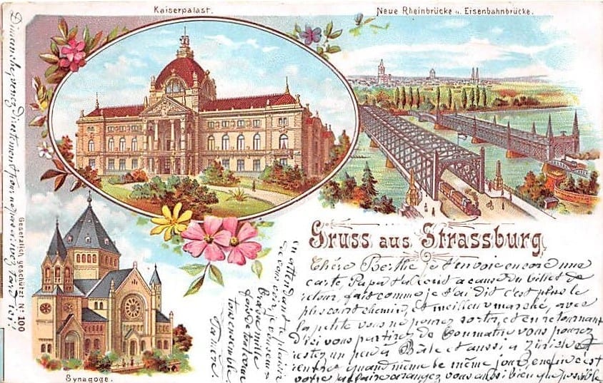 Strassburg, Synagoge, Rheinbrücke, Litho
