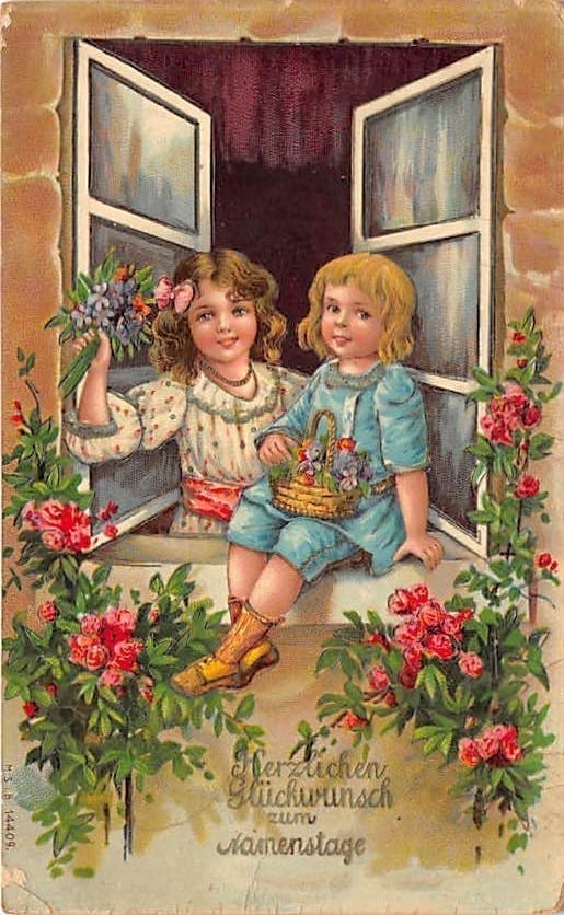 Namenstag, zwei Mädchen mit Blumen