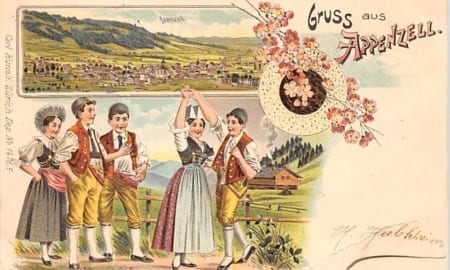 Appenzell, tanzende Leute in Trachten, Lithokarte