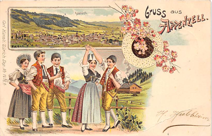 Appenzell, tanzende Leute in Trachten, Lithokarte