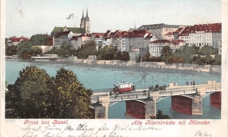 Basel, Alte Rheinbrücke mit Münster, Tram