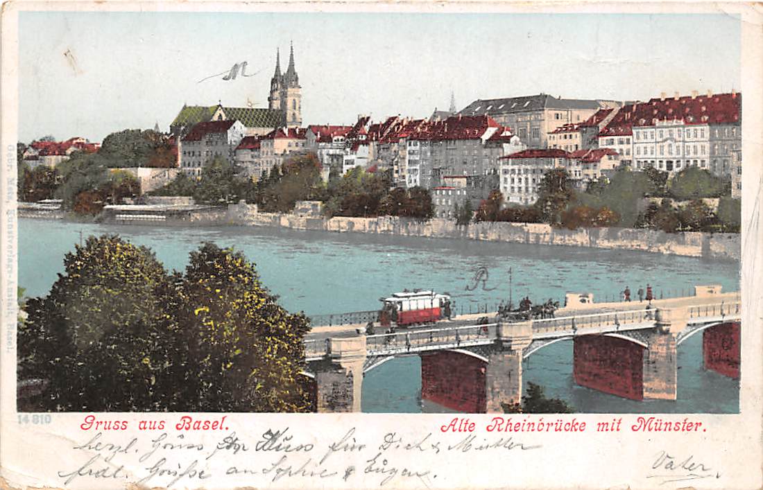 Basel, Alte Rheinbrücke mit Münster, Tram