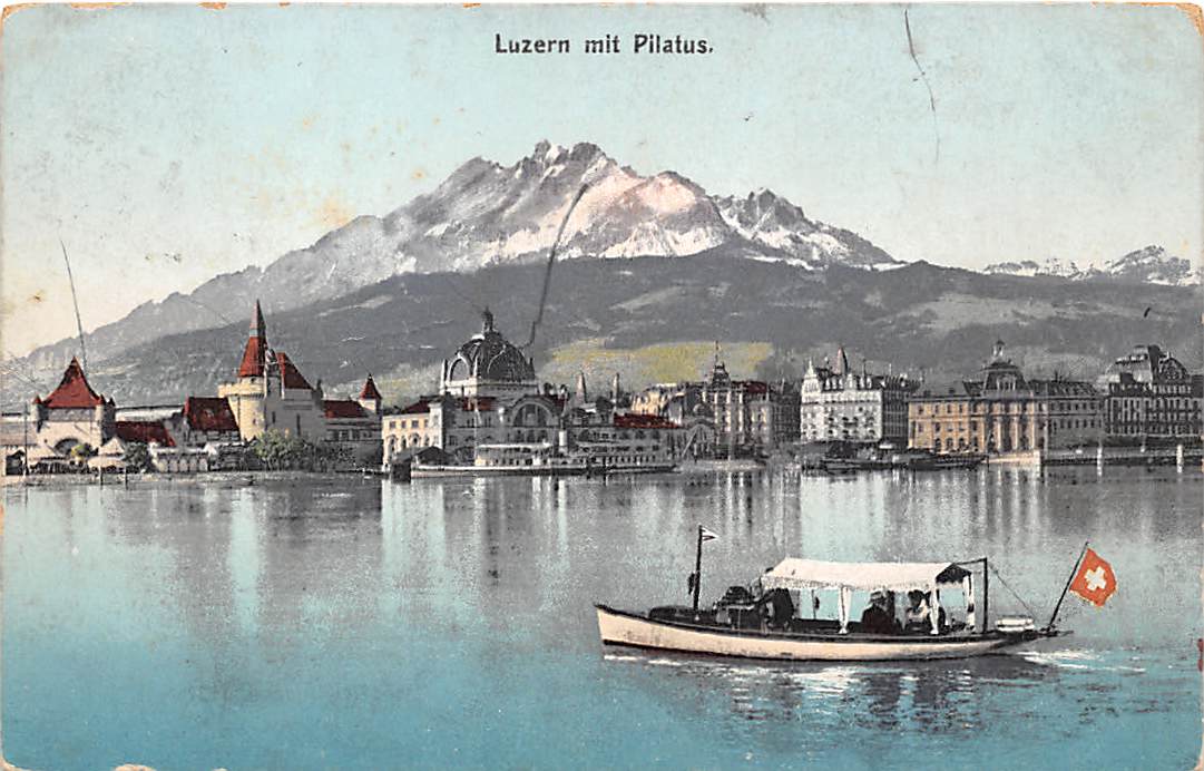 Luzern, mit Pilatus, Boot im Vordergrund