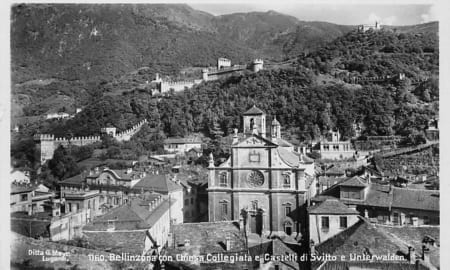 Bellinzona, con Chiesa Collegiata e Castelli di Svitto