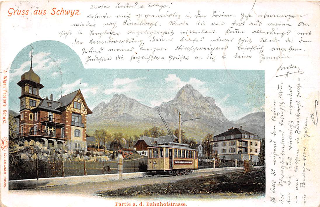 Schwyz, Partie an der Bahnhofstrasse, Tram