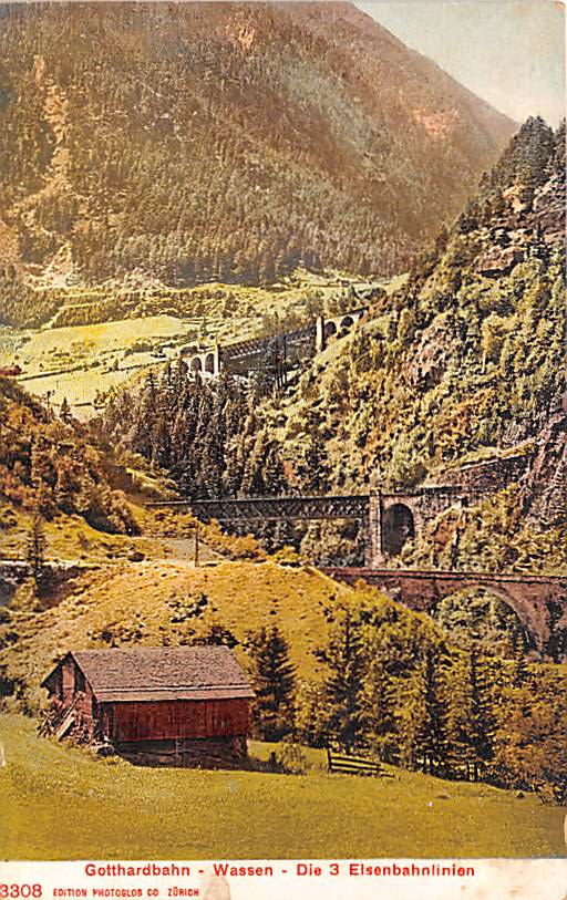 Wassen, Gotthardbahn, die drei Eisenbahnlinien