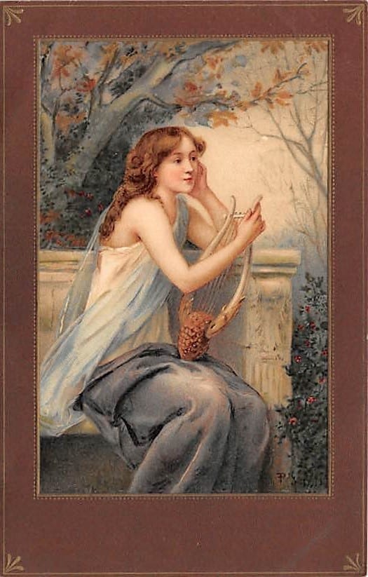 Jahreszeiten, junge Frau mit Harfe