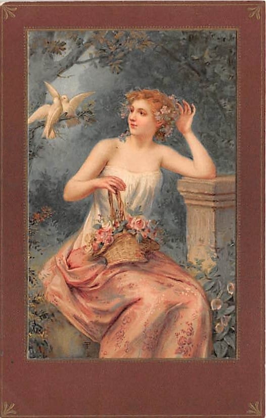 Jahreszeiten, junge Frau mit Rosen, Tauben