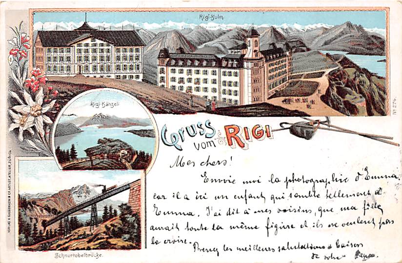 Rigi-Kulm, Gruss vom Rigi, Schnurtobelbrücke, Litho