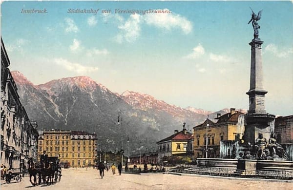 Innsbruck, Südbahnhof mit Vereinigungsbrunnen