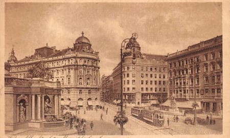 Wien, Albrechtsplatz, Mozartdenkmal, Tram