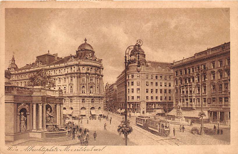Wien, Albrechtsplatz, Mozartdenkmal, Tram