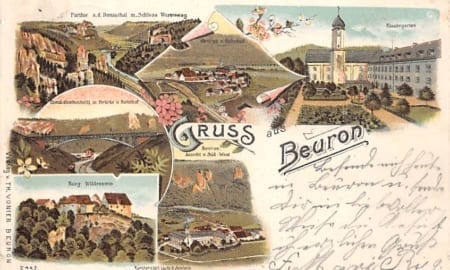 Beuron, Gruss aus Beuron, Klostergarten, Litho