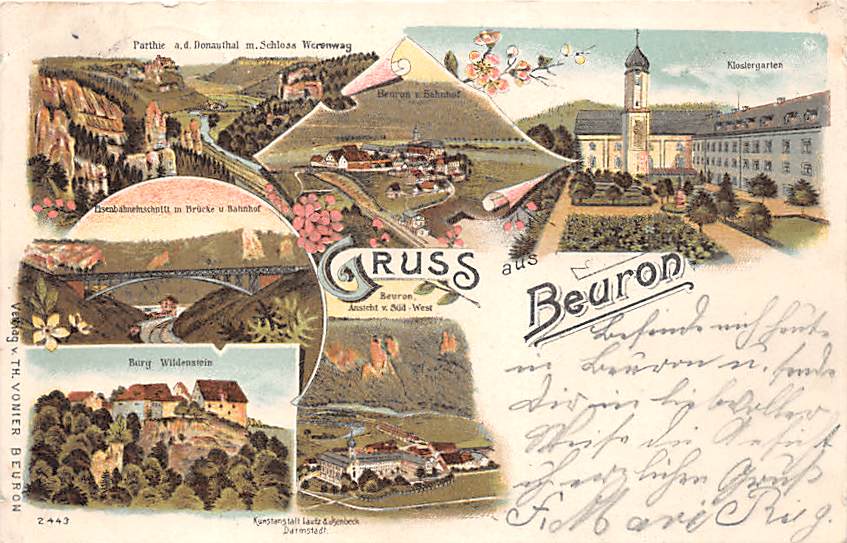 Beuron, Gruss aus Beuron, Klostergarten, Litho