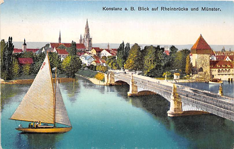 Konstanz, Segelschiff, Blick auf Rheinbrücke u. Münster