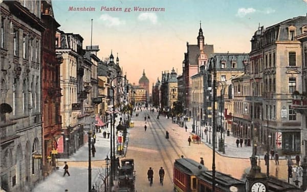 Mannheim, Planken gg. Wasserturm, Tram, belebt