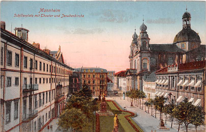 Mannheim, Schillerplatz mit Theater u. Jesuitenkirche
