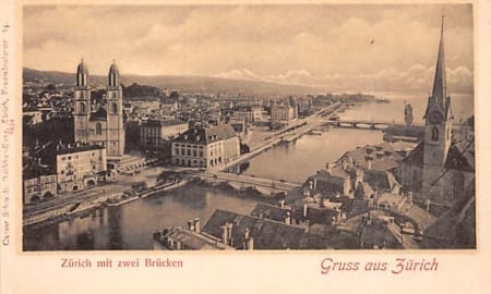 Zürich, mit zwei Brücken, Gruss aus Zürich
