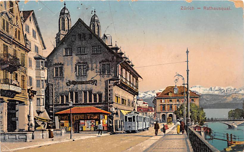 Zürich, Rathausquai, Tram, belebt