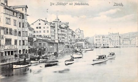 Zürich, Schipfe mit Motorbooten