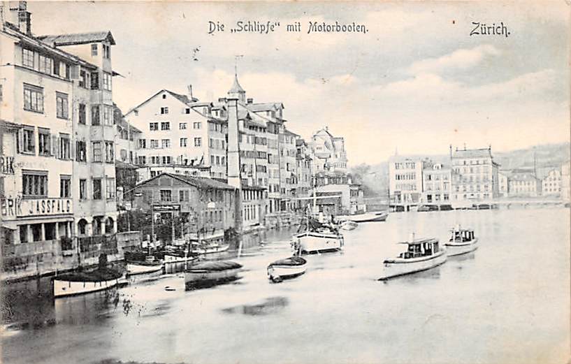 Zürich, Schipfe mit Motorbooten