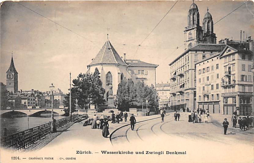 Zürich, Wasserkirche und Zwingli Denkmal