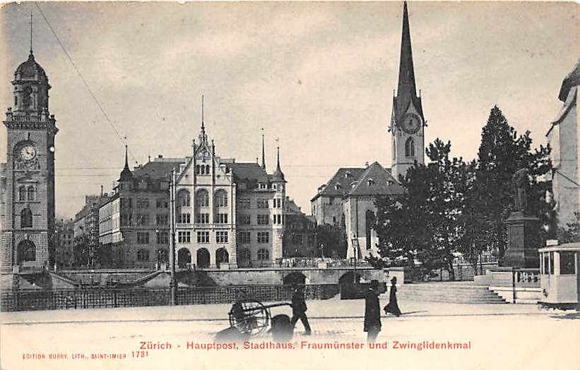 Zürich, Hauptpost, Fraumünster, Zwinglidenkmal