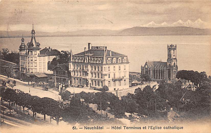 Neuenburg, Neuchâtel, Hotel Terminus et l'Eglise catholique