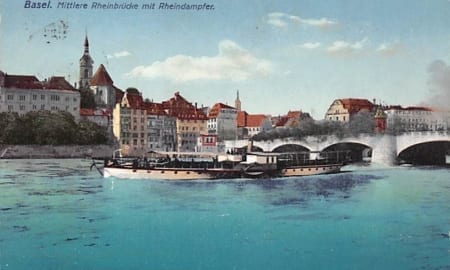 Basel, Mittlere Rheinbrücke mit Rheindampfer