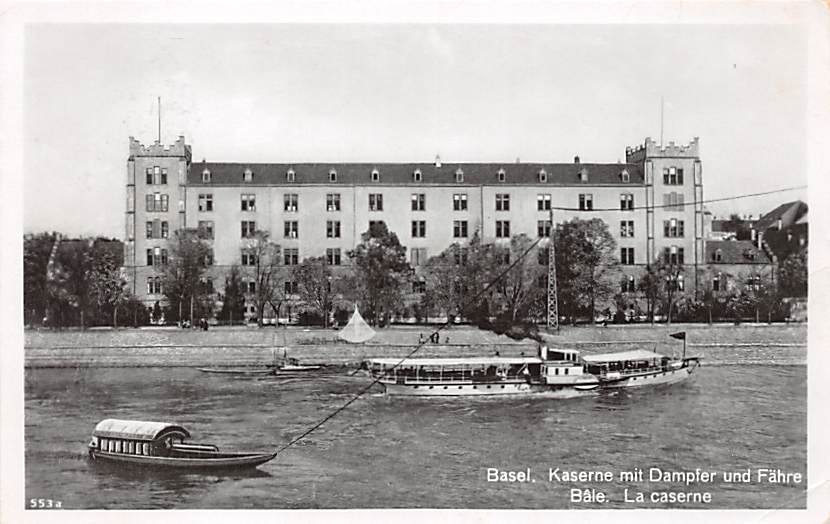 Basel, Kaserne mit Dampfer und Fähre