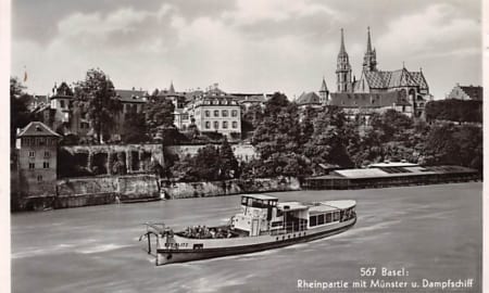 Basel, Rheinpartie mit Münster u. Dampfschiff
