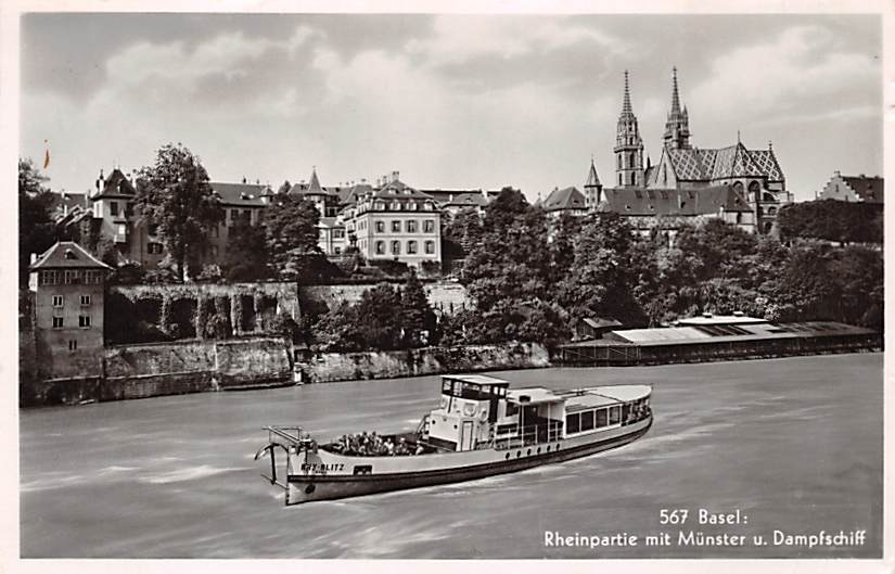 Basel, Rheinpartie mit Münster u. Dampfschiff