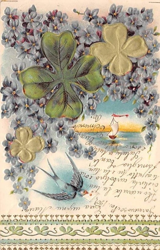 Blumen, Veilchen, Schwalbe mit Brief, Prägedruck