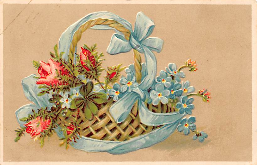 Blumen, Korb mit Veilchen, Rosen, Prägedruck