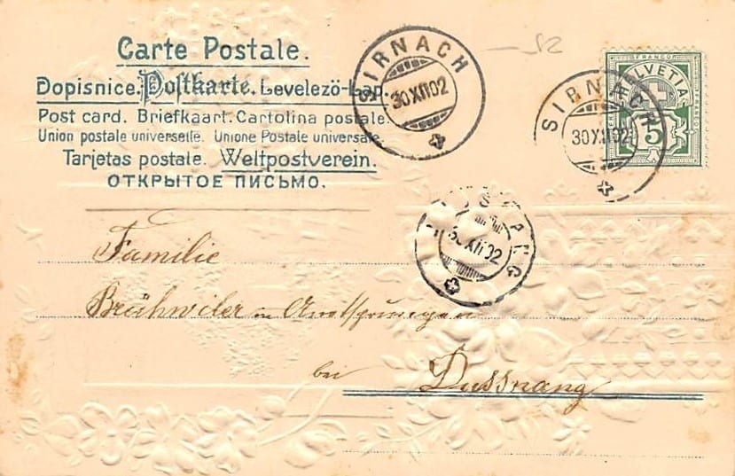 Neujahr, Veilchen, Schwalben, Kleeblatt, Prägedruck