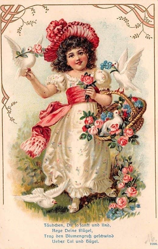 Mädchen mit Rosen und Tauben, Prägedruck