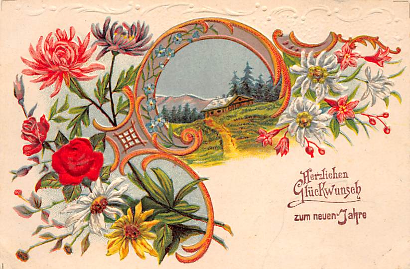Neujahr, Blumen, Rosen, Alpenrosen, Prägedruck