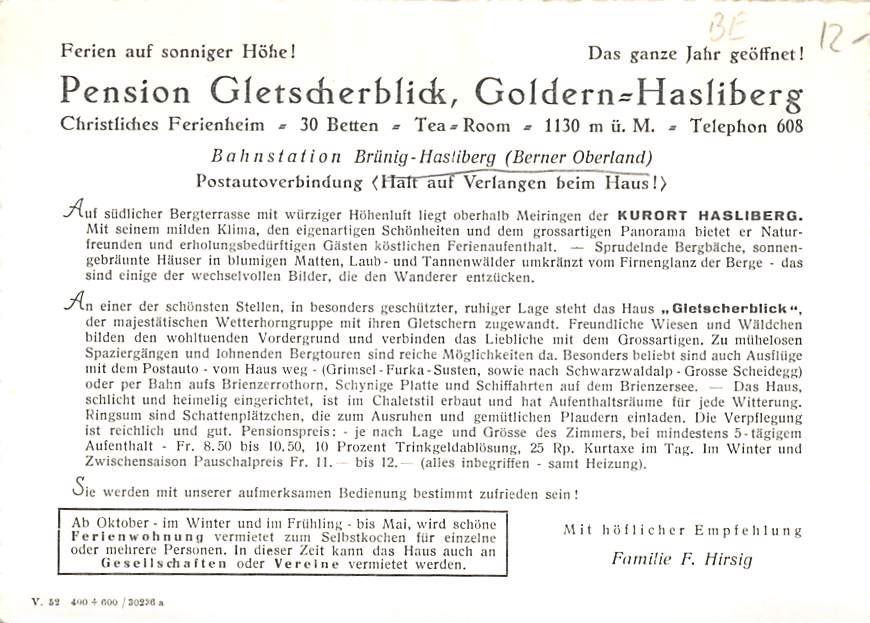 Hasliberg, Pension, Gletscherblick