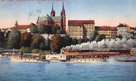 Basel, Rheinpartie mit Münster u. Dampfschiff