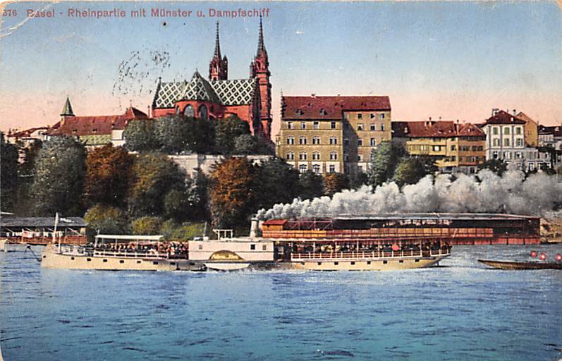 Basel, Rheinpartie mit Münster u. Dampfschiff