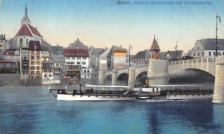 Basel, Mittlere Rheinbrücke mit Rheindampfer