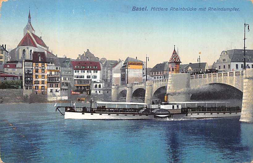 Basel, Mittlere Rheinbrücke mit Rheindampfer