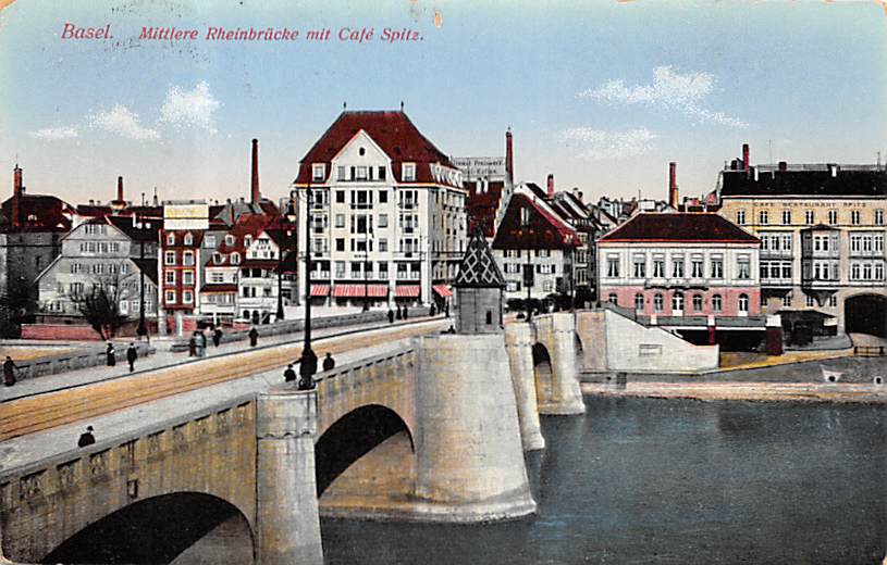 Basel, Mittlere Rheinbrücke mit Cafe Spitz